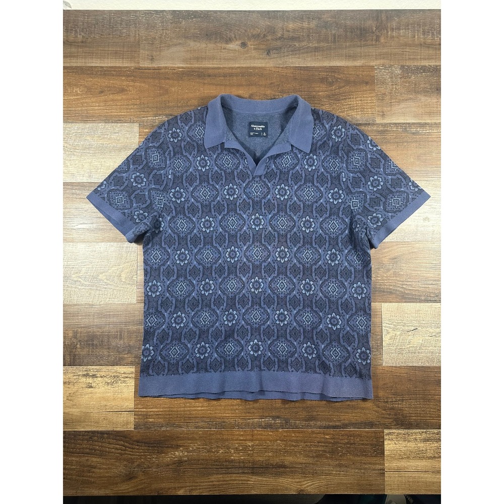 Abercrombie & Fitch Mens XL Blue Geometric Medallion Knit Short Sleeve Polo